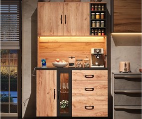 Nowoczesny kredens kuchenny 105x40x180cm - z gniazdkiem i LED - z 3 szufladami i 3 drzwiami - wygląd słojów drewna - Naturalny + Czarny