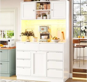 Mebel kuchenny - 120x40x183 cm - 2 drzwi i 8 szuflad - wieszak na kieliszki do wina - z oświetleniem LED i gniazdkiem elektrycznym - Biały