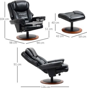 HOMCOM Fotel Relaksacyjny z Otomaną Czarny Wygodny Fotel Telewizyjny z Funkcją Leżenia 94Lx98Wx104Hcm | Aosom PL