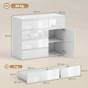 HOMCOM Nowoczesny sideboard, szafka do przechowywania z 5 szufladami, regulowaną półką, drzwiami Soft-Close, biały wysoki połysk | Aosom PL