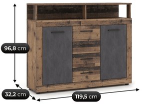 Komoda Dwudrzwiowa z Szufladami BLAGO MIDI B 119,5 cm Ciemny Dąb/Czarny Loft
