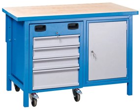 Stół warsztatowy GD z ruchomą skrzynką narzędziową, 4 szuflady, 1 szafka, 1190 x 600 x 850 mm, niebieski