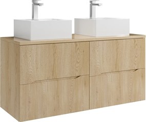 Szafka łazienkowa wisząca prążkowana z kwadratową umywalką nablatową i baterią – Jasny naturalny – 120 cm – ORISO