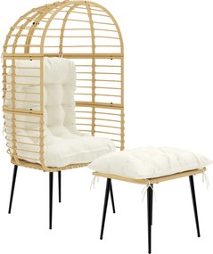 Outsunny Fotel ogrodowy z podnóżkiem, PE-rattan, w kształcie jajka, fotel koszowy z grubymi poduszkami, metalowa rama, beżowy | Aosom PL