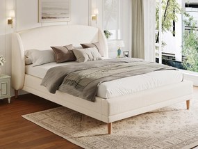 Pikowane łóżko 140x190 cm - Nogi z drewna hevea - z stelażem lamelowym - Tkanina typu bouclé - Biały​ (bez materaca)