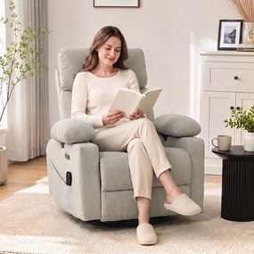 HOMCOM Elektryczny fotel relaksacyjny z funkcją obrotu i kołysania, masaż i ogrzewanie, 3D-podłokietniki, złącza USB-C/USB, jasnoszary | Aosom PL