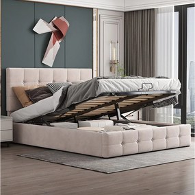 Łóżko ze schowkiem i regulowanym zagłówkiem - 140 x 200 cm - tkanina welurowa - stelaż z listew - kolor biały