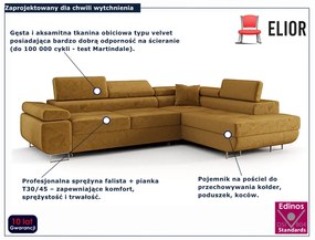 Żółty rozkładany narożnik welurowy z pojemnikiem R2-M65