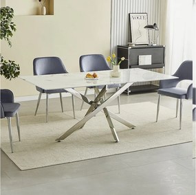 Prostokątny stół jadalniany z hartowanego szkła – Efekt białego marmuru i chromowany metal – dla 8 osób – CHIARA