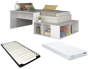 Łóżko piętrowe 90 x 200 cm ze skrzynią i i biurkiem - Naturalny i biały + Stelaż + Materac - RIGALI