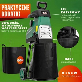 Rozdrabniacz do gałęzi DIOX+2x worek 60l, 3100W czarny/zielony Gardebruk
