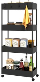 HOMCOM Wózek kuchenny z 4 półkami, 4 elastycznymi hakami, 4 kółkami, 40 cm x 19 cm x 90 cm, Wózek do niewielkich przestrzeni, Czarny