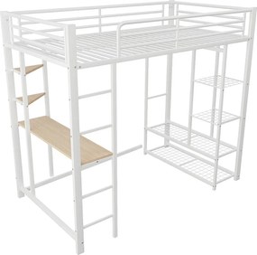 Łóżko antresola 90x200 cm - Metalowe - Łóżko dziecięce ze stolikiem i półką do przechowywania - Białe - Bez materaca
