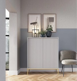 Komoda Wysoka Geriffelt DomoHome NOVA – 2 drzwi, Highboard z złotymi uchwytami, Szary, złote nogi 125x104x39cm - Elegancka do salonu
