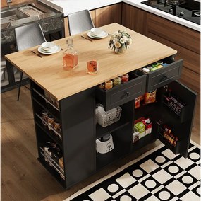 Wyspa kuchenna - wózek na kółkach z rozsuwanym blatem - 2 szuflady i 1 drzwi - Czarny