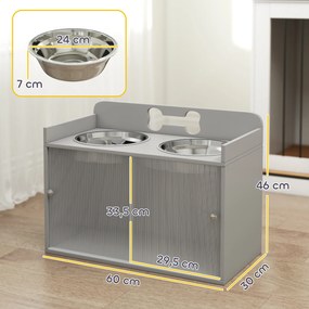 PawHut Podwyższona stacja karmienia z 2 miskami i szafką, MDF, stal nierdzewna, motyw kości, szary