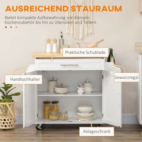 HOMCOM Wózek Kuchenny Serwisowy Wyspowy, 1 Półka na Przyprawy, 1 Uchwyt na Ręcznik, 109 cm x 40 cm x 89 cm, Biały