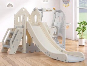 Zjeżdżalnia 5 w 1 - z drabinką, huśtawką, miejscem do przechowywania, koszem do koszykówki - jasnoszara
