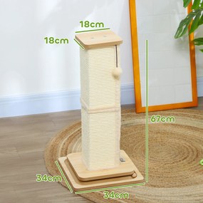 PawHut 3-w-1 Drapak z torem do zabawy, piłką, sizalem, do 5 kg, 34 x 34 x 67 cm, Dąb/Krem