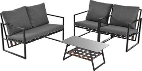 Zestaw mebli ogrodowych ze stali ocynkowanej 4-osobowy: 1 sofa + 2 krzesła + 1 stolik kawowy z 2 półkami - 7 poduszek na siedziska i oparcia - czarny