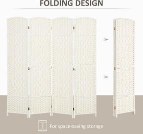 HOMCOM Parawan, 4-częściowa składana ścianka działowa, plecionka, drewno sosnowe, Biały