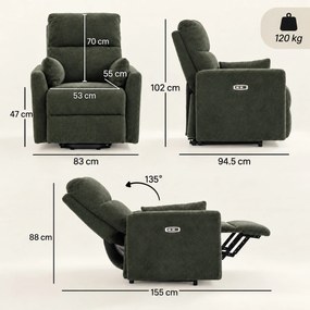 HOMCOM Fotel z funkcją podnoszenia z masażem i ogrzewaniem, elektryczny fotel relaksacyjny z Teddyfleece dla seniorów, Ciemnozielony | Aosom PL