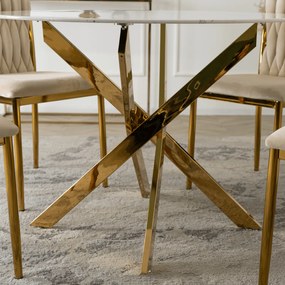 Stół Okrągły Szklany BALI 100 cm Biały Marmur/Złoty Glamour