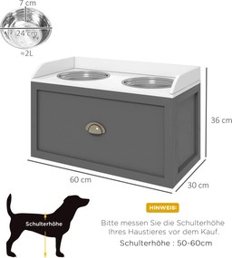 PawHut Stacja karmienia Podwyższone Miseczki 1 Przechowywanie 2 Miseczki ze stali nierdzewnej, 60 x 30 x 42 cm, Biały