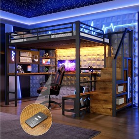 Łóżko piętrowe 140 x 200 cm z biurkiem, ścianką perforowaną, półkami, oświetleniem LED i portami USB/USB-C - Metal + MDF - Czarne (Materac nie jest wliczony w cenę)