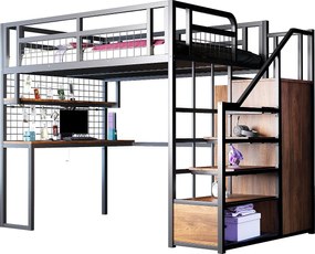 Łóżko mezzanine 140x200 cm - z oświetleniem LED i gniazdkami - z drabinką z miejscem do przechowywania - z szafą - przechowywanie i stolik - czarny