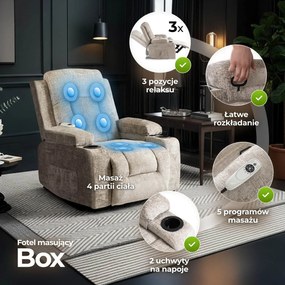 Fotel Masujący BOX Rozkładany Wypoczynkowy z Podnóżkiem Beżowy Welurowy Nowoczesny