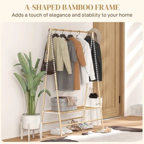 HOMCOM Wieszak na Ubrania z Bambusa z Półką na Buty i Hakami, Wolnostojący, do Przedpokoju, Sypialni, Drewno Naturalne