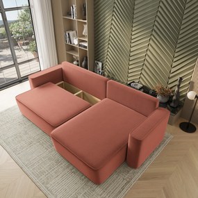 Masseno Narożnik BELARO z funkcją spania i pojemnikiem na pościel Narozniki L, Rozkładana sofa - Koralowy, CASTEL 55