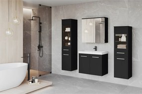 Meble łazienkowe z LED, zestaw wiszący do łazienki z umywalką, 2 słupkami i szafką lustrzaną, czarny mat