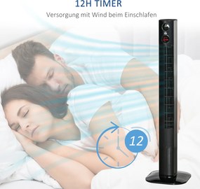 HOMCOM wentylator wieżowy, stojący, dyfuzor zapachowy, z pilotem, 3 poziomy wentylacji, 45W 70° oscylacja czarny 31,5x31,5x117 cm