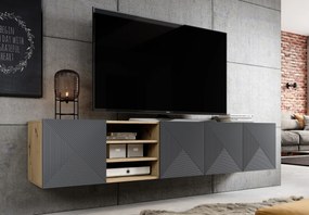 Szafka RTV Asha 200 cm wisząca z ryflowanym frontem i wnęką - artisan / rivier stone mat