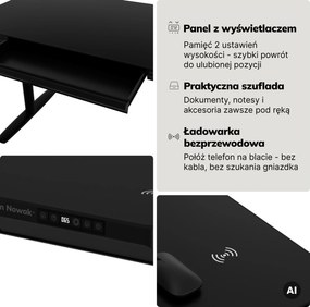 Biurko elektryczne sit-stand z szufladą i ładowarką bezprzewodową Qi czarne, 1200 mm: ELLIS