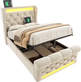 Łóżko tapicerowane ze schowkiem - 90 x 200 cm - z diodami LED - zagłówek ze schowkiem i USB - z materacem - aksamit - beż