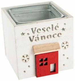 Świecznik drewniany ze szkłem Wesołych Świąt, 9 x 8,5 cm, biały