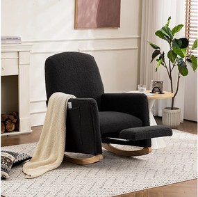 Fotel bujany do salonu, ciemnoszary plusz, fotel bujany z wysuwanym podnóżkiem, rama drewniana