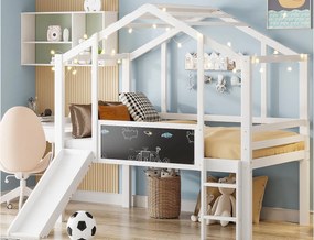 Łóżko na antresoli dziecięce 90x200 cm - z drabiną bezpieczeństwa - ze zjeżdżalnią - z tablicą do rysowania - Biały (materac nie jest dołączony)
