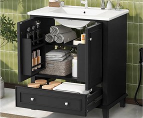 Stojący mebel łazienkowy - z ceramiczna umywalką - 2 drzwi i 1 szuflada - czarny​ (bateria nie jest wliczona w cenę)