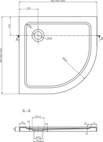 Mexen Flat brodzik półokrągły slim 80 x 80 cm, biały, syfon czarny - 41108080B