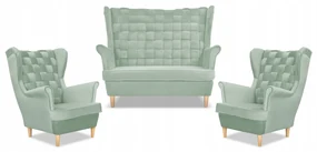 Zestaw wypoczynkowy Carol sofa fotele paski Family Meble seledynowy