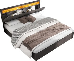 Łóżko z pojemnikiem 180x200 cm - Łóżko dla dorosłych z oświetleniem LED i szufladami - len szary - materac nie jest wliczony w cenę