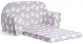 Mini sofka dla dzieci, piankowa 77x35cm rozkładana - szare sowy