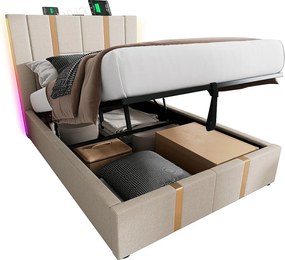 Łóżko tapicerowane 90x200 cm z lnu - z LED i funkcją ładowania - z stelażem na listwach - Beżowe