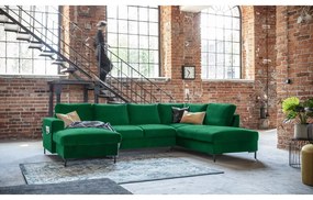 Zielona aksamitna rozkładana sofa w kształcie litery "U" Miuform Lofty Lilly, prawostronna