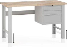 Stół warsztatowy z regulacją wysokości G7, blat bukowy, 1500 x 800 x 840-1040 mm, 1x kontener, 3x szuflada, szary