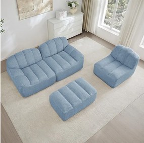 Canapé 3 places modulable en forme de L - avec pouf - velours côtelé - 288x165x79cm - Bleu